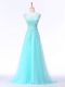 Aqua Blue Scoop Backless Lace and Appliques Evening Party Dresses Brush Train Sleeveless