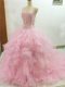 Glorious Beading and Ruffles 15th Birthday Dress Baby Pink Lace Up Sleeveless Brush Train