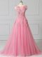 Pink Tulle Lace Up Prom Evening Gown Sleeveless Brush Train Appliques
