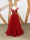 Red Tulle Criss Cross V-neck Sleeveless Floor Length Prom Dress Lace and Appliques