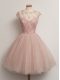 Exceptional Knee Length Lace Up Bridesmaid Dresses Peach for Prom and Party and Wedding Party with Lace