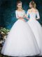 Ideal Off The Shoulder Half Sleeves Tulle Wedding Gowns Beading and Appliques and Embroidery Lace Up