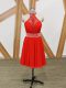 Hot Sale Coral Red Empire Chiffon Halter Top Sleeveless Beading and Ruching Zipper Dress for Prom