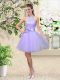 Lilac Tulle Lace Up Halter Top Sleeveless Knee Length Dama Dress for Quinceanera Lace and Belt