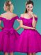 Fantastic Fuchsia A-line Tulle Off The Shoulder Cap Sleeves Lace and Belt Knee Length Lace Up Bridesmaid Gown