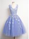 Lavender A-line V-neck Sleeveless Tulle Knee Length Lace Up Appliques Bridesmaid Dresses