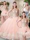 Simple Peach Tulle Backless High-neck Sleeveless Floor Length Quinceanera Gowns Beading and Lace and Appliques