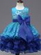 Sleeveless Organza Tea Length Zipper Flower Girl Dress in Royal Blue with Lace and Ruffled Layers and Bowknot