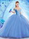 Classical Off The Shoulder Sleeveless Brush Train Lace Up Ball Gown Prom Dress Blue Organza