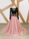 Brush Train Empire Prom Evening Gown Pink And Black Scoop Tulle Long Sleeves Zipper