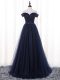 Navy Blue Sleeveless Floor Length Belt Lace Up Wedding Party Dress
