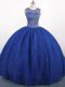 Lovely Floor Length Royal Blue Quinceanera Gowns Tulle Sleeveless Beading
