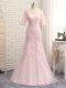 Baby Pink Column/Sheath Tulle V-neck Half Sleeves Lace and Appliques Floor Length Zipper Mother of the Bride Dress