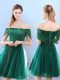 Olive Green Tulle Lace Up Bridesmaid Gown Cap Sleeves Knee Length Lace