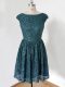 Teal Cap Sleeves Lace Knee Length Dama Dress for Quinceanera