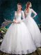 White Ball Gowns V-neck 3 4 Length Sleeve Tulle Floor Length Lace Up Lace Wedding Dress