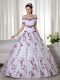 Modest Short Sleeves Floor Length Embroidery Lace Up Ball Gown Prom Dress with White