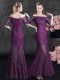 Purple Mermaid Off The Shoulder Half Sleeves Lace Floor Length Lace Up Lace Mother Of The Bride Dress