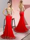 Red Sleeveless Brush Train Beading and Appliques Prom Party Dress