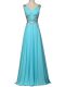 Discount Aqua Blue Chiffon Zipper V-neck Sleeveless Floor Length Juniors Evening Dress Beading and Ruching