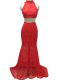 Simple Red Two Pieces Halter Top Sleeveless Lace Brush Train Zipper Lace