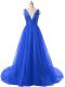 Luxury Brush Train A-line Dress for Prom Royal Blue V-neck Organza Sleeveless Backless