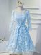 Noble Mini Length Light Blue Prom Gown Scoop Long Sleeves Lace Up
