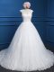 Affordable Brush Train Ball Gowns Wedding Gown White V-neck Tulle Sleeveless Backless