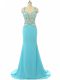 Artistic Sleeveless Lace and Appliques Backless Evening Dresses with Aqua Blue Brush Train