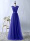 Blue Empire Tulle Scoop Short Sleeves Lace Floor Length Zipper Homecoming Dress