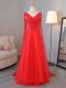 Deluxe Red Empire Lace and Belt Dress for Prom Lace Up Tulle Sleeveless Floor Length