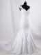 Fashionable White V-neck Clasp Handle Lace Wedding Gowns Brush Train Sleeveless