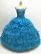 Sleeveless Organza Floor Length Lace Up Sweet 16 Dress in Teal with Beading and Ruffles