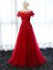 Modern Floor Length Red Prom Dress Off The Shoulder Short Sleeves Lace Up