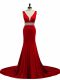 Brush Train Mermaid Oscars Dresses Wine Red V-neck Elastic Woven Satin Sleeveless Zipper