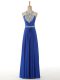 Fine Royal Blue Empire Elastic Woven Satin Halter Top Sleeveless Beading and Ruching Floor Length Zipper Womens Evening Dresses