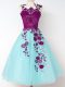 Dynamic Straps Sleeveless Bridesmaid Gown Knee Length Appliques Aqua Blue Tulle