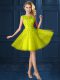 Knee Length Yellow Bridesmaids Dress Tulle Cap Sleeves Lace and Appliques