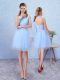 Asymmetric Sleeveless Bridesmaid Dresses Mini Length Belt Aqua Blue Tulle