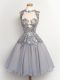 Grey Lace Up High-neck Lace Bridesmaid Dress Chiffon Sleeveless