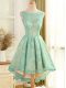 Latest Turquoise Lace Backless Scoop Sleeveless High Low Prom Dresses Lace and Appliques