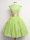 Colorful Yellow Green Ball Gowns Lace High-neck Cap Sleeves Belt Knee Length Lace Up Bridesmaid Dress