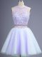 High Class Lavender Tulle Lace Up Wedding Party Dress Sleeveless Knee Length Beading