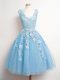 Cute Sleeveless Knee Length Lace Lace Up Bridesmaids Dress with Baby Blue