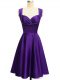Lovely Purple Taffeta Lace Up Straps Sleeveless Knee Length Bridesmaid Gown Ruching