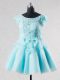 Short Sleeves Mini Length Lace and Appliques and Hand Made Flower Backless Prom Dresses with Aqua Blue