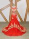 Fashion Coral Red Mermaid Tulle Scoop Sleeveless Beading and Lace and Appliques Zipper Prom Gown Brush Train