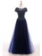 Floor Length A-line Short Sleeves Navy Blue Evening Dress Lace Up