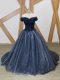 Lovely Sleeveless Ruching Lace Up Evening Dress with Navy Blue Brush Train