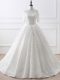 Trendy White Wedding Dress Beach and Wedding Party with Lace and Appliques Off The Shoulder Half Sleeves Brush Train Lace Up
